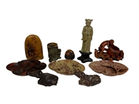 Group of Soapstone Figurines With 3 Ashtrays