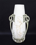 Bisque Porcelain Two Handled Vase Green/White Raised Relief Art Nouveau