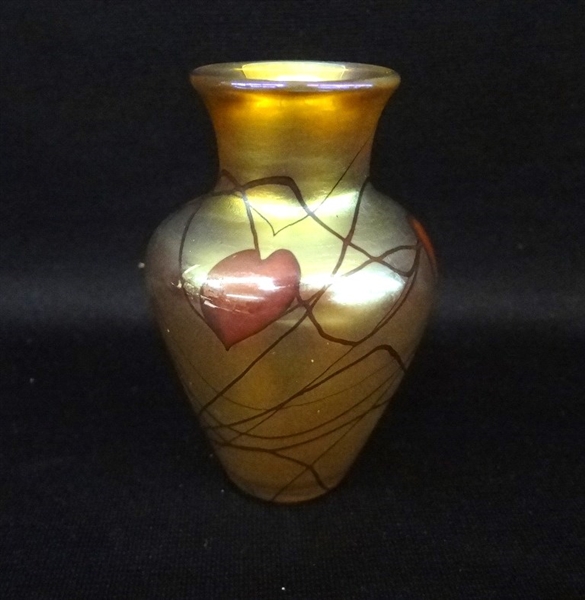 Lundberg Cabaret Gold Aurene Free Blown Vase "Hanging Heart" Pattern