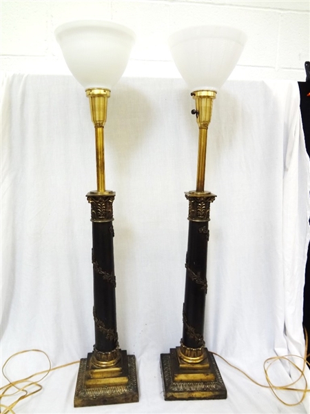Pair Victorian Columnar Brass and Lamps Milk Glass Shades