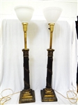 Pair Victorian Columnar Brass and Lamps Milk Glass Shades