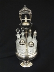 Early Victorian Cut Crystal Condiment Set in Pierce Carved Silver Plate Holder