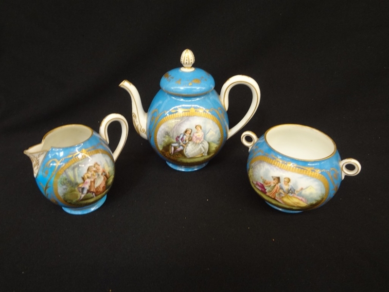 Sevres French Porcelain Tea Set: Tea Pot, Creamer, Sugar