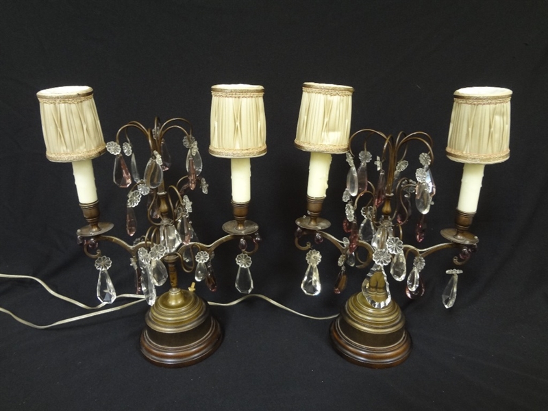 (2) Art Nouveau Style Brass and Hanging Crystal Table Lamps