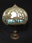 Miller Lamp Co. Six Panel Slag Glass Lamp Pierce Carved Shade