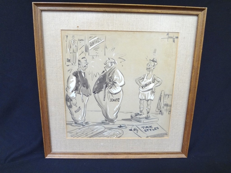 Forini Signed Ink and Gouache Political Cartoon "The Customer is Getting Impatient"