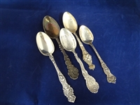 (5) Sterling Silver Tea Spoons: Pasadena, Art Nouveau, Iowa