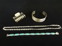 (4) Sterling Silver Jewelry Group: Hair Clip, Necklaces, Bangle Bracelet