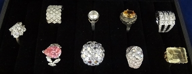(9) Sterling Silver Ladies Cocktail Rings: CZ and Rhinestone