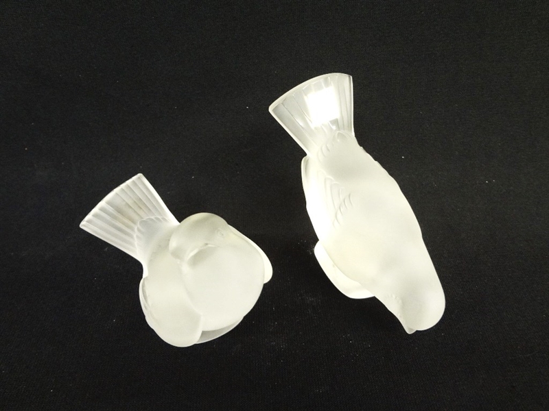(2) Lalique Glass Birds Sticker and Etched Signature