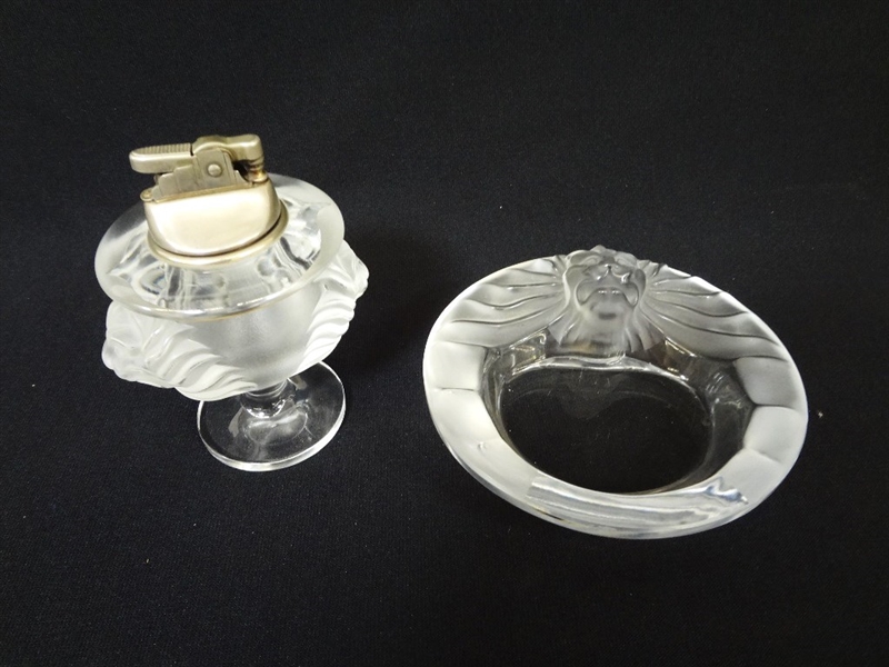 Lalique Clear and Frosted Glass Lion Lighter and Ashtray