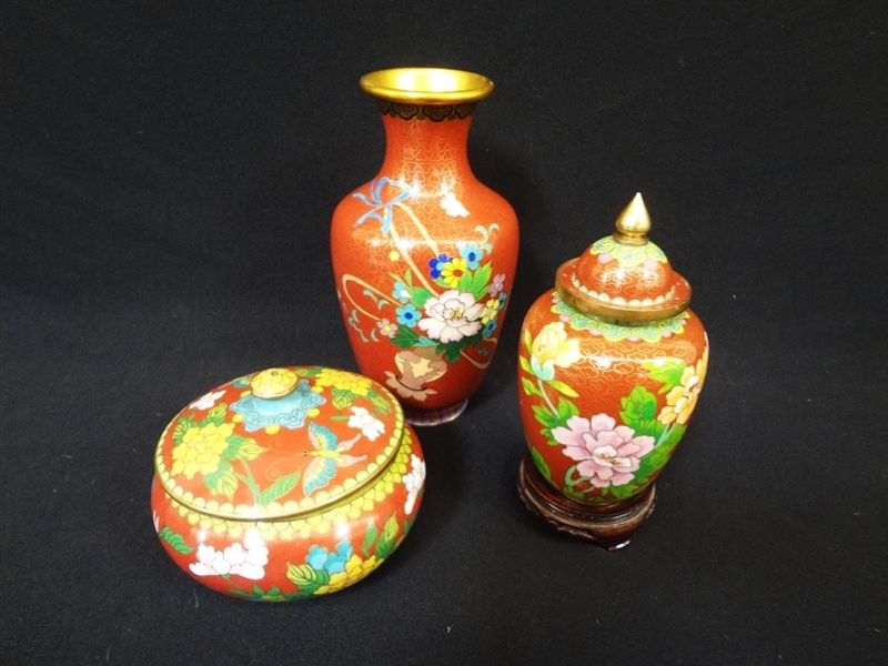 (3) Cloisonne Vases Burnt Sienna Floral Decoration