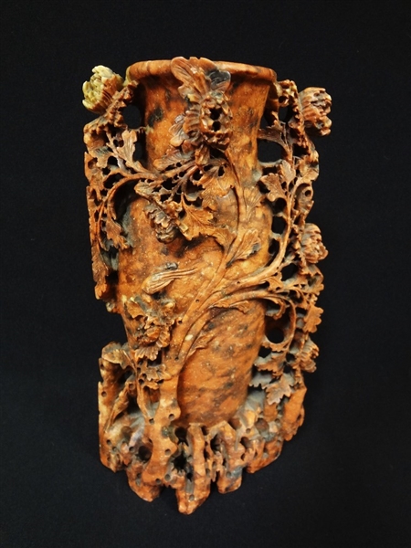 Large Carved Deep Sienna Soapstone Vase