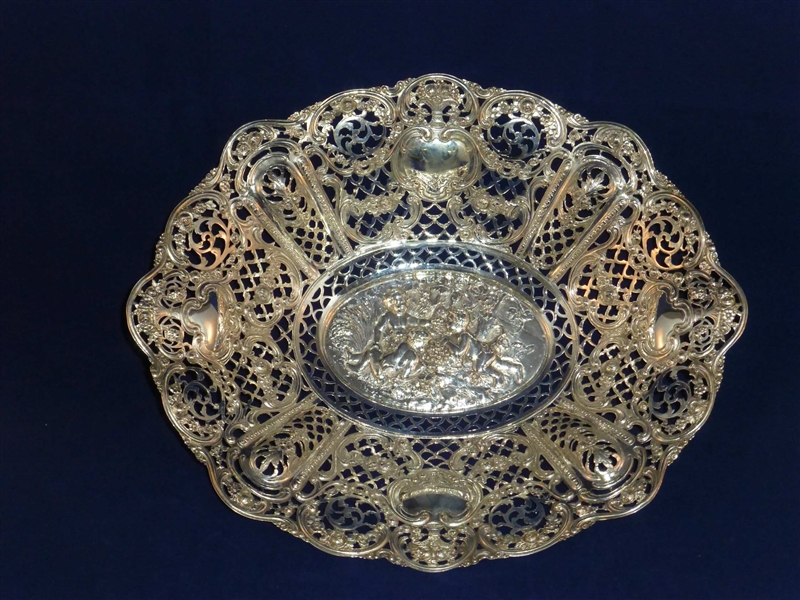 German 800 Sterling Silver Large Reticulated Console Fruit Bowl w Cherubs