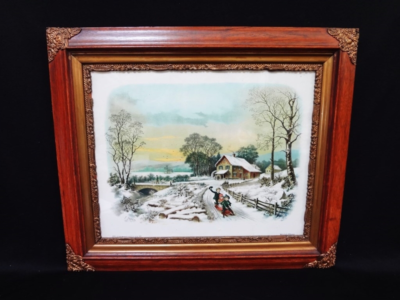 "Winters Cheer" Lithograph Set in Vintage Brass and Wood Period Frame