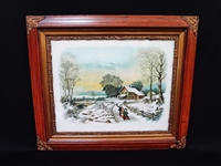 "Winters Cheer" Lithograph Set in Vintage Brass and Wood Period Frame