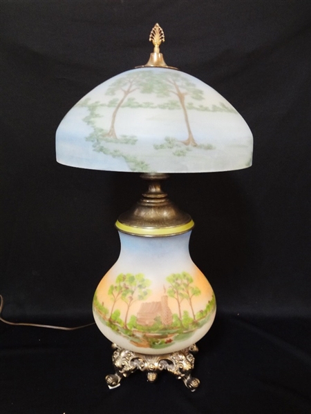 Reverse Painted Banquet Lamp, Base and Shade
