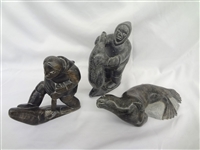 (3) Canadian Eskimo Carvings Seal, Native, Man on Ice with Seal