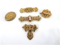 (5) Victorian Gold Filled Mourning Brooches