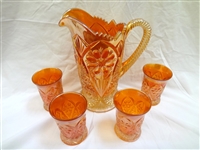 Carnival Glass Marigold Daisy Water Pitcher and Tumbler Set