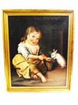 Incredible Folk Art Oil Painting on Canvas Girl Feeding Rabbit
