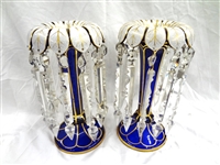 Pair Cobalt and Enamel Lustres with Crystal Prisms