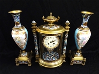 Tiffany and Co. Japy Freres Champleve Garniture Clock Set