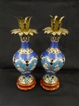 Pair Cloisonne Vases with Brass Candle Holder Tops