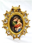 Hand Painted Porcelain Tile Madonna and Child Gilt Carved Oval Frame