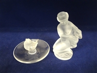 (2) Lalique France Figurines: Bird Tray, Nude with Bird