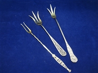 (3) Repousse Sterling Silver Victorian Long Stem Flanged Pickle Forks