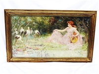 Frederick Stuart Church (American 1842-1924) Original Oil Canvas Lady with Storks