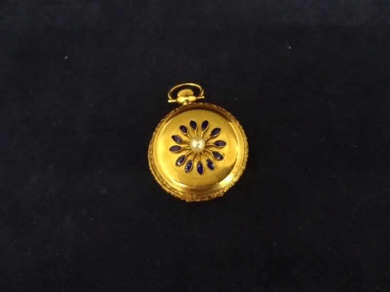 14K Gold Elgin Pocket Watch with Blue Enamel and 5 Diamond Chips