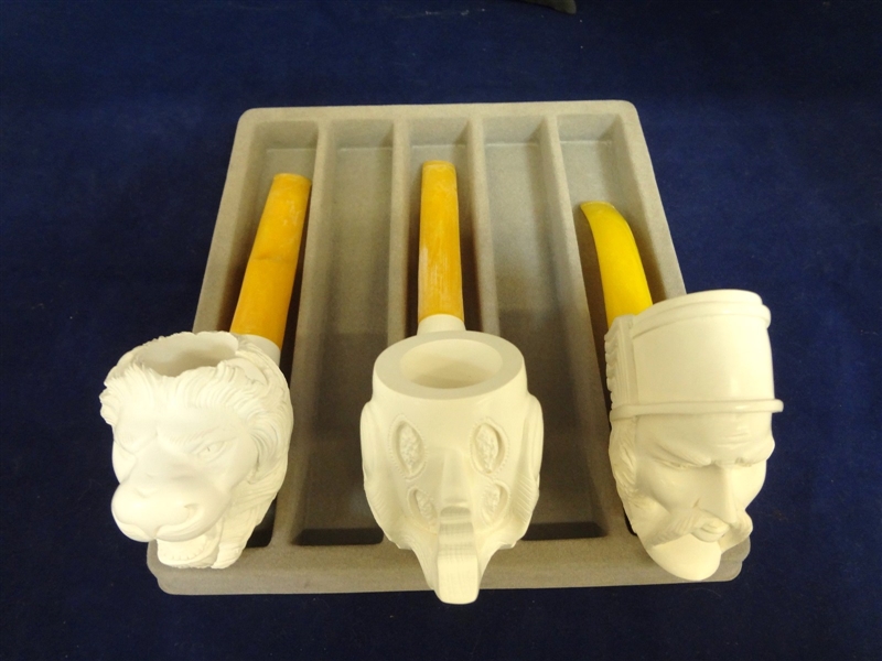 (3) Meerschaum Block Figural Pipes: Claw, Lion, Man