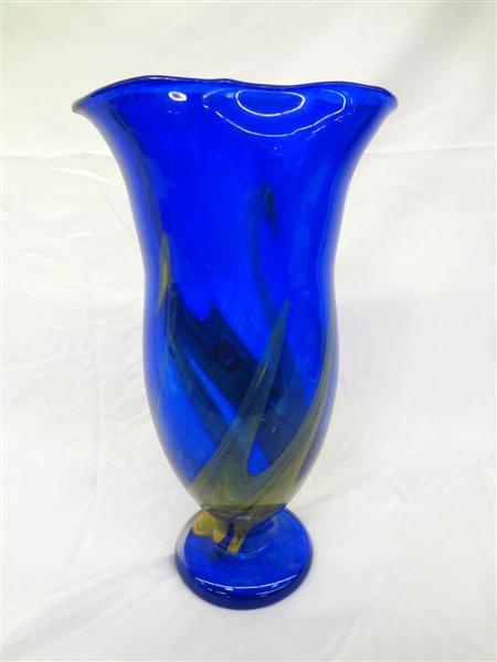 Oversize Art Glass Blue Ruffled Edge Vase