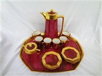 Limoges China Chocolate Set With Under Tray Deep Pink Signed C. Cushwa