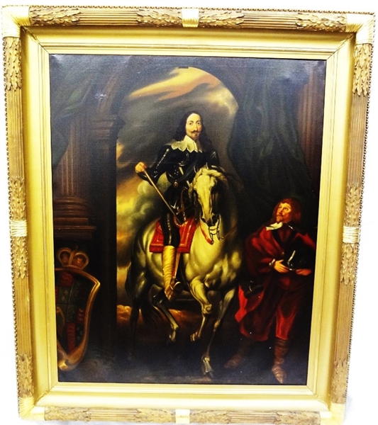 Charles I Equestrian Portrait Oil on Canvas 18th century copy after Van Dyck in Stunning Gilt Frame