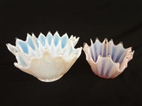 Ruffled Fostoria Opalescent Glass Cranberry and Blue Bowls