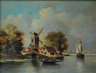 Oil on Board Unknown Artist "Coastal Windmill"