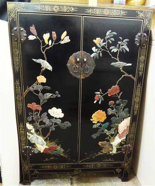 Chinese Export Lacquered Bombay Chest Stone Inlay Bird Decor