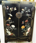 Chinese Export Lacquered Bombay Chest Stone Inlay Bird Decor