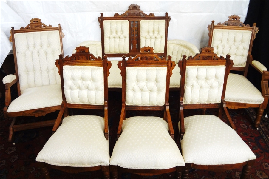 Eastlake Style Parlor Set: Settee, Rocker, King Chair, and Side Chairs
