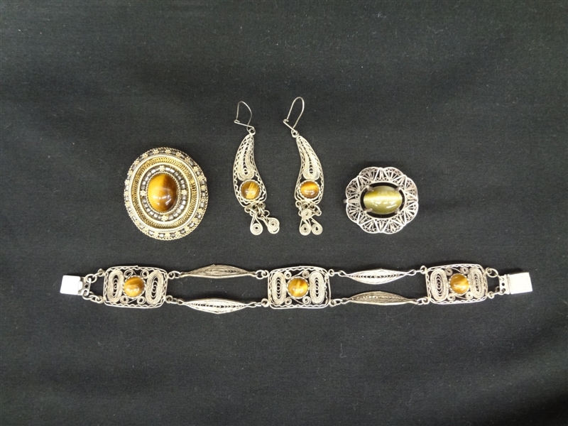 Israel Sterling Silver Tiger and Cats Eye Jewelry Group