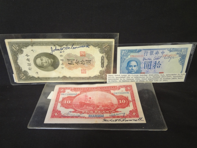 (3) Historical Autographs on Currency: John McCormack, Henry Cabot Lodge, Herbert Brownell
