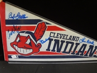 Autographed Cleveland Indians Pennant: Bob Feller, Einar Diaz, Joe Charboneau, Len Barker LOA from JSA