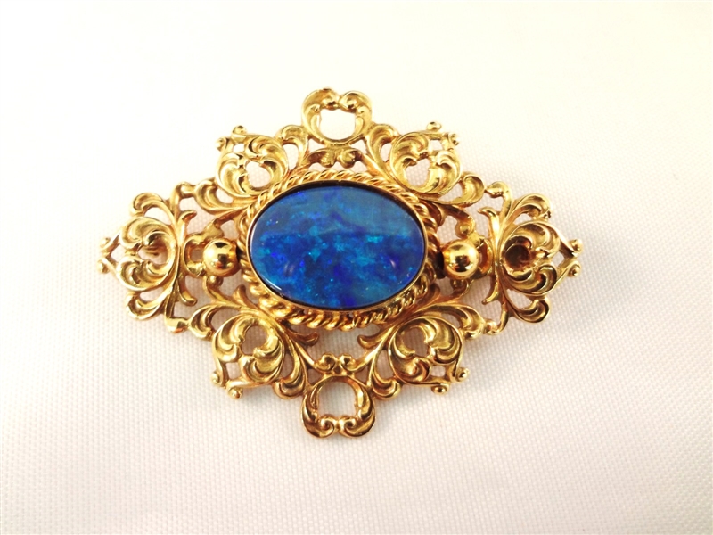 14k yellow Gold Victorian Brooch Set with Single Opal Cabochon