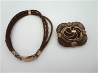 (2) Victorian Gold Mourning Hair Jewelry Brooch and Bracelet