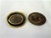 (2) Victorian Mourning Hair Brooches: Low Gold and Oval