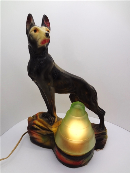 Rin Tin Tin 1950s Chalkware Lamp, Art Deco Tiered Shade: Coney Island Midway Prize