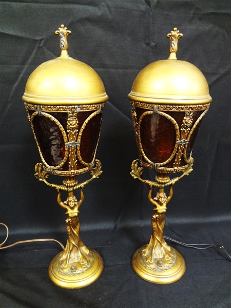 Art Nouveau Tall Cold Painted Table Lamps With Slag Glass Shades